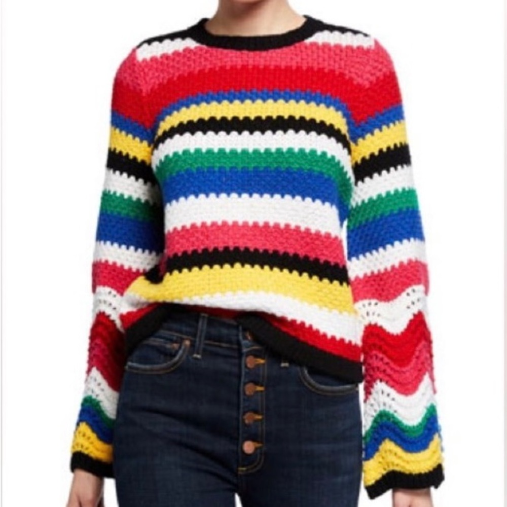 Alice + Olivia Crochet Chunky Sweater Rainbow Hippie Colorful Wool Blend Bell S